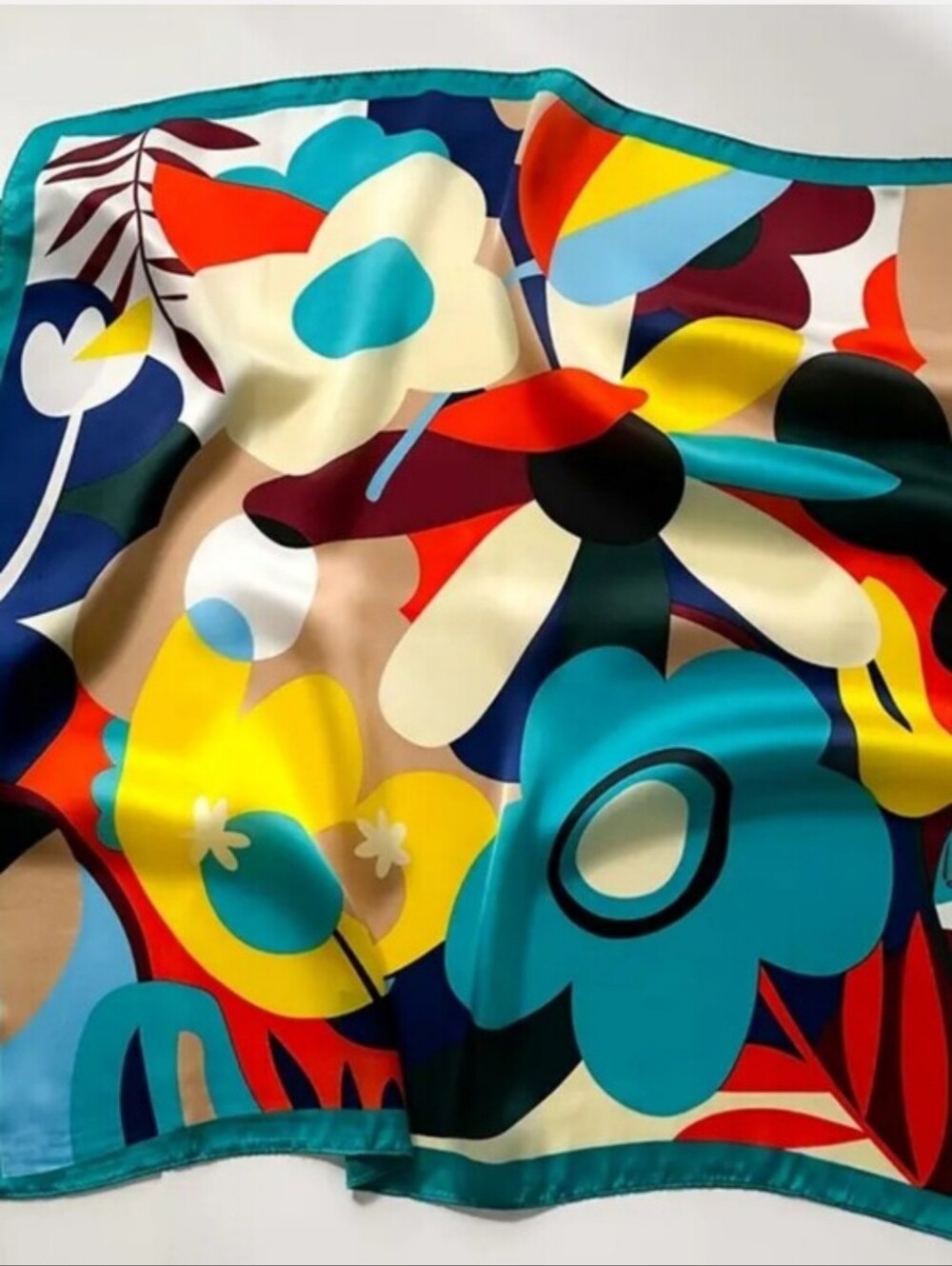 Bold Floral Silk Scarf in Teal, Yellow, Red & Cream